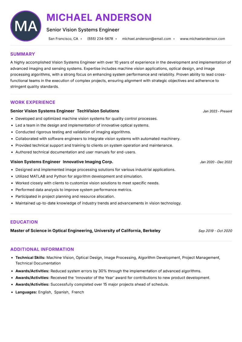 Vision Systems Engineer Resume Preview Example
