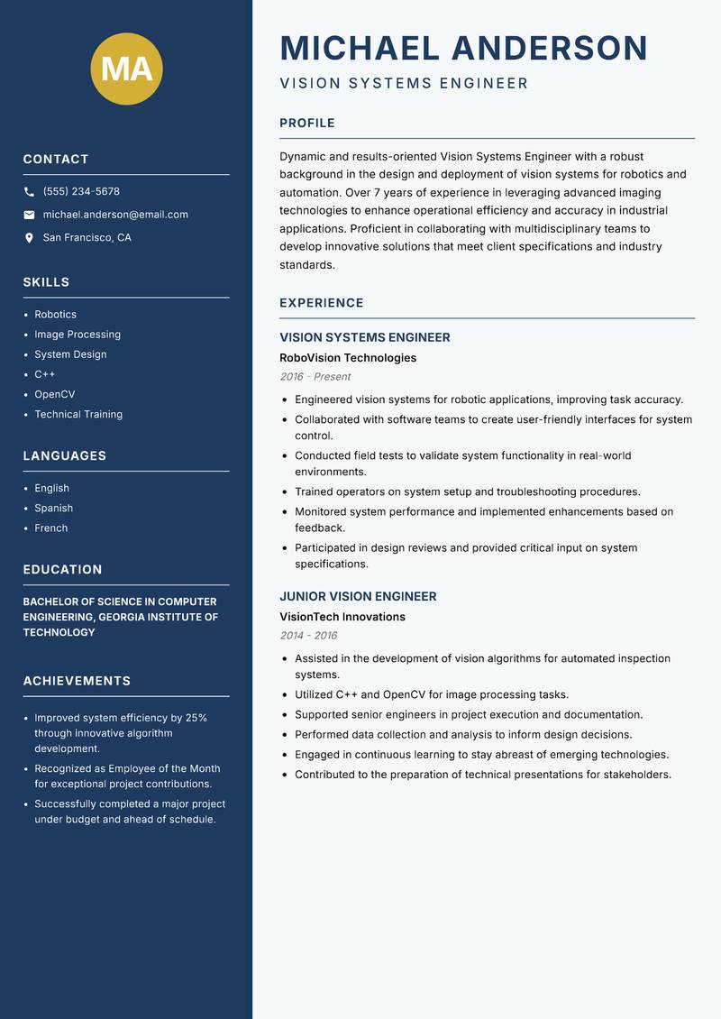 Vision Systems Engineer Resume Preview Example