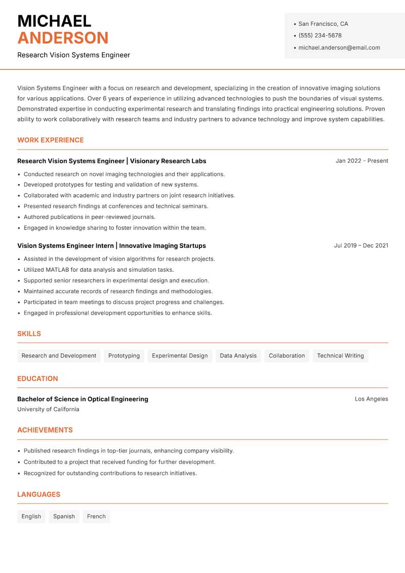 Vision Systems Engineer Resume Template
