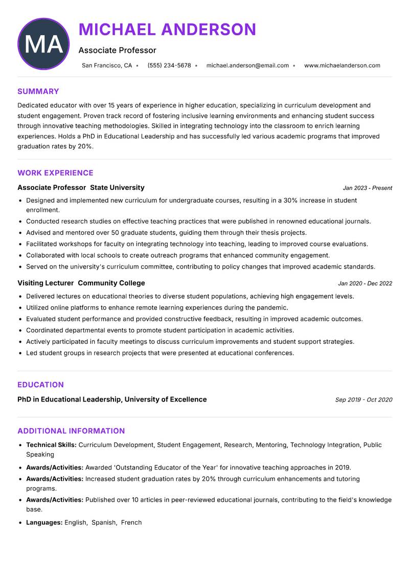 Visiting Professor Resume Preview Example