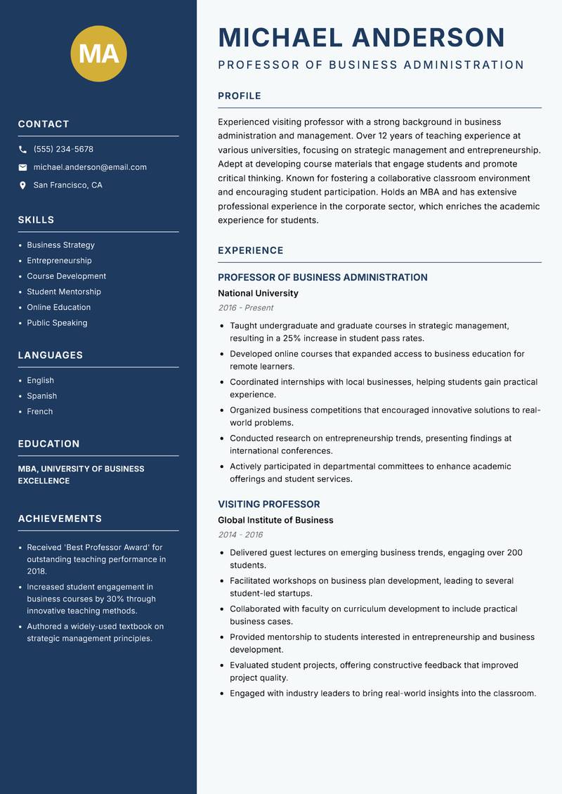 Visiting Professor Resume Preview Example