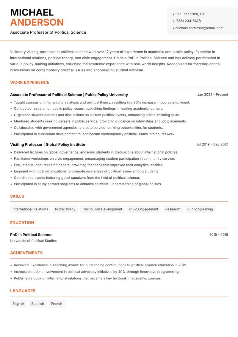 Visiting Professor Resume Template