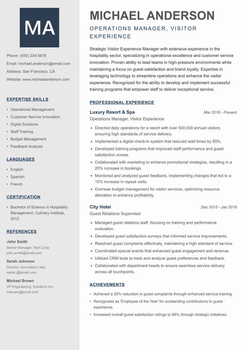 Visitor Experience Manager Resume Preview Example