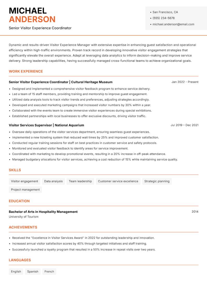 Visitor Experience Manager Resume Template