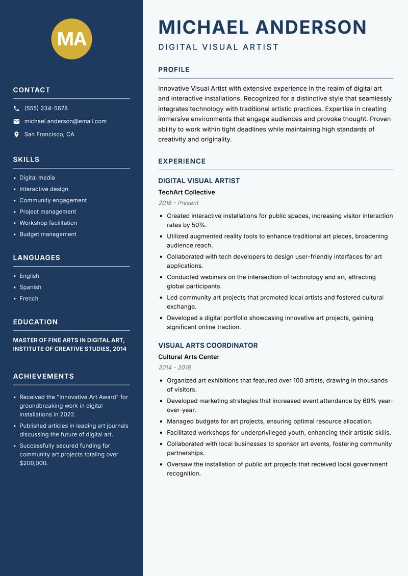 Visual Artist Resume Preview Example