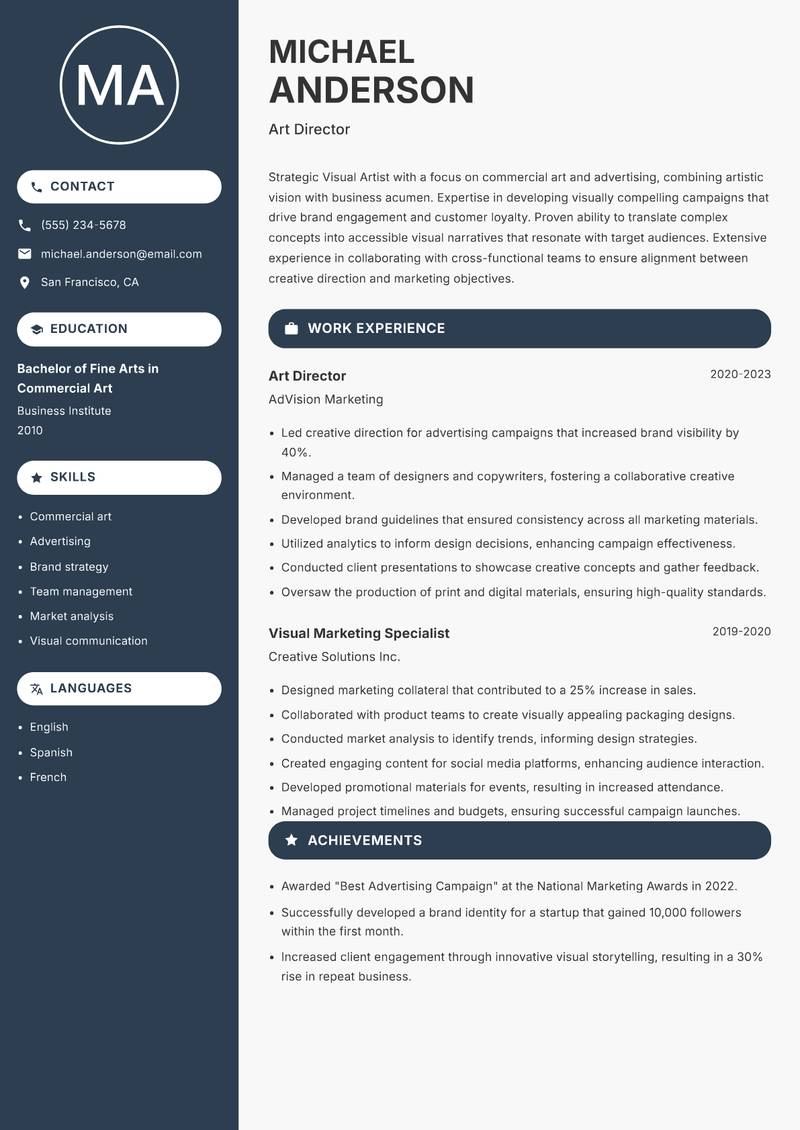Visual Artist Resume Preview Example