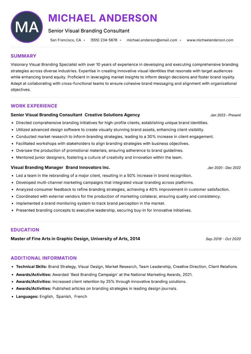 Visual Branding Specialist Resume Preview Example