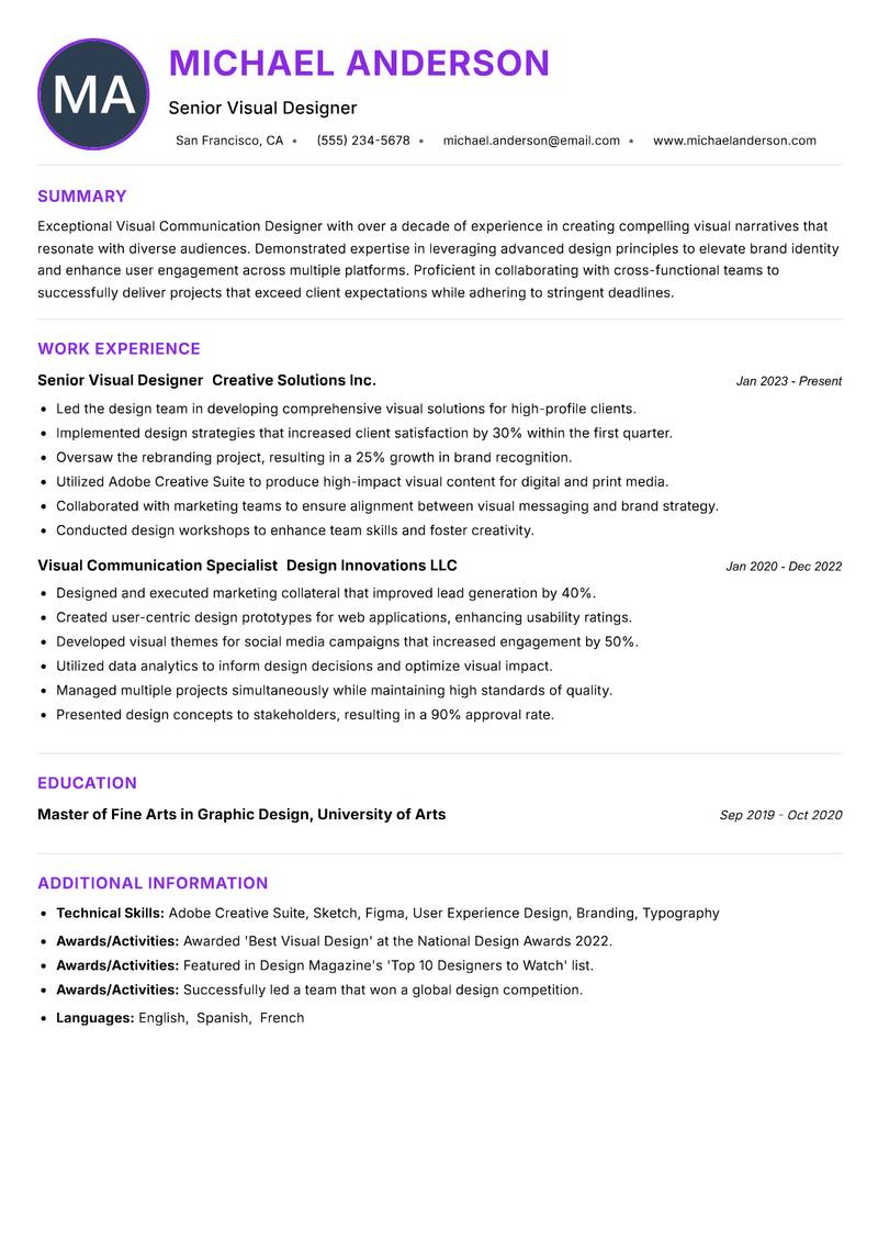Visual Communication Designer Resume Preview Example