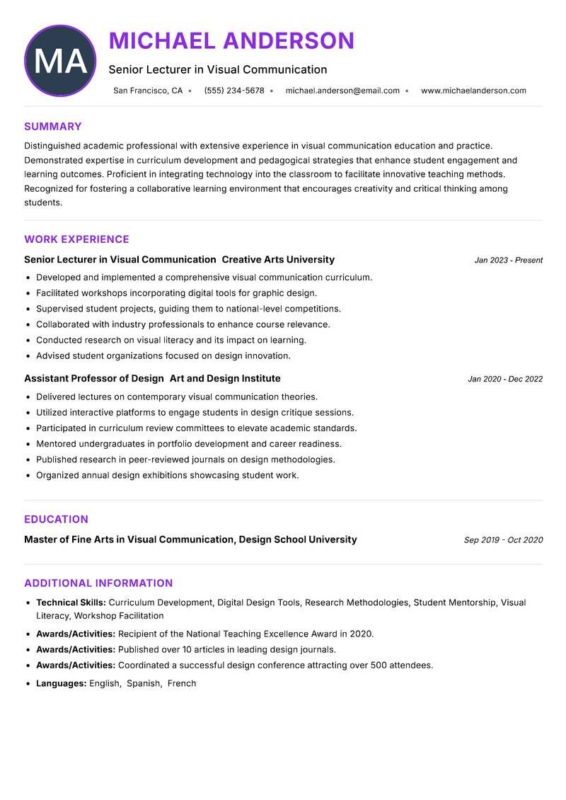 Visual Communication Lecturer Resume Preview Example