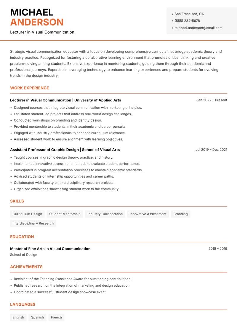 Visual Communication Lecturer Resume Template