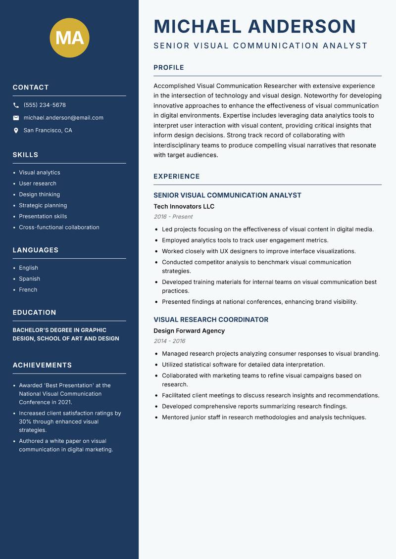 Visual Communication Researcher Resume Preview Example
