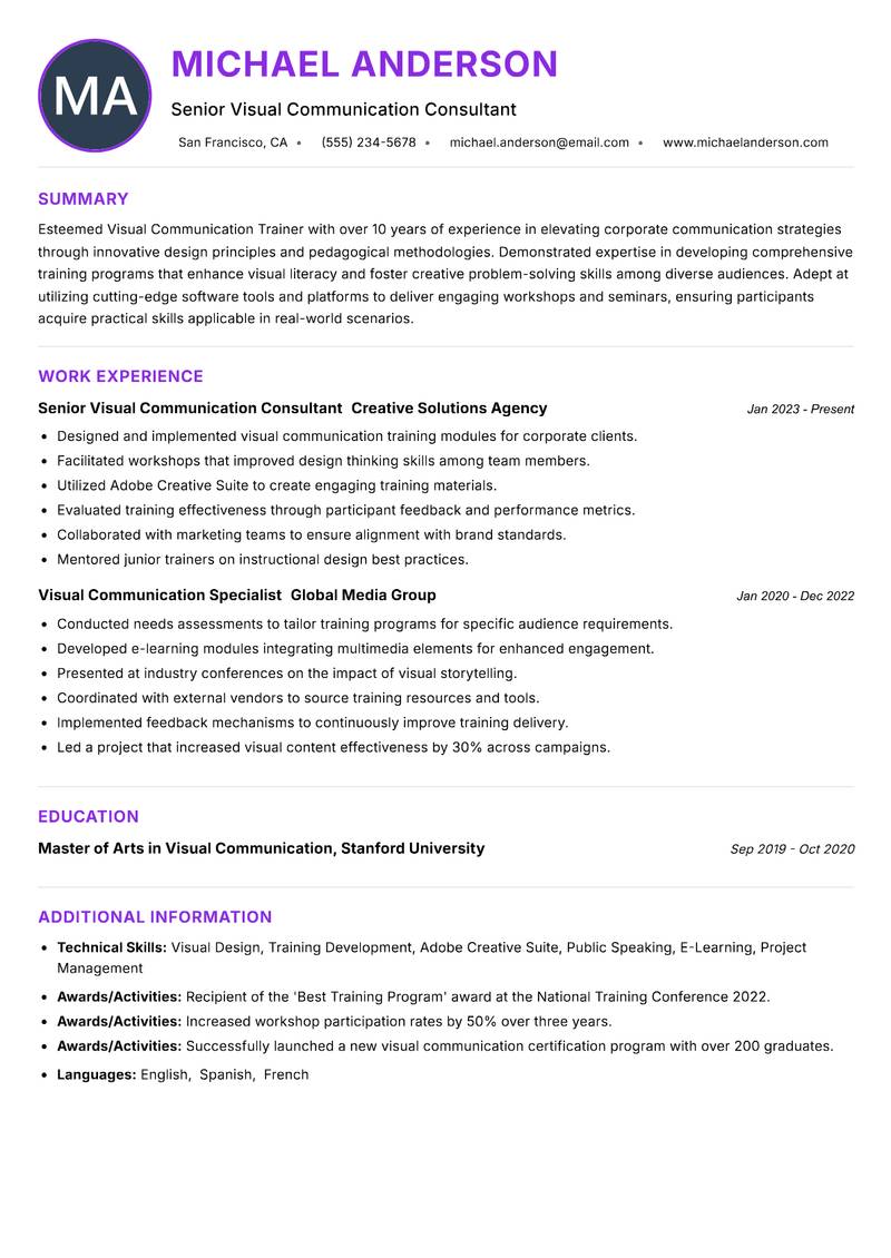 Visual Communication Trainer Resume Preview Example
