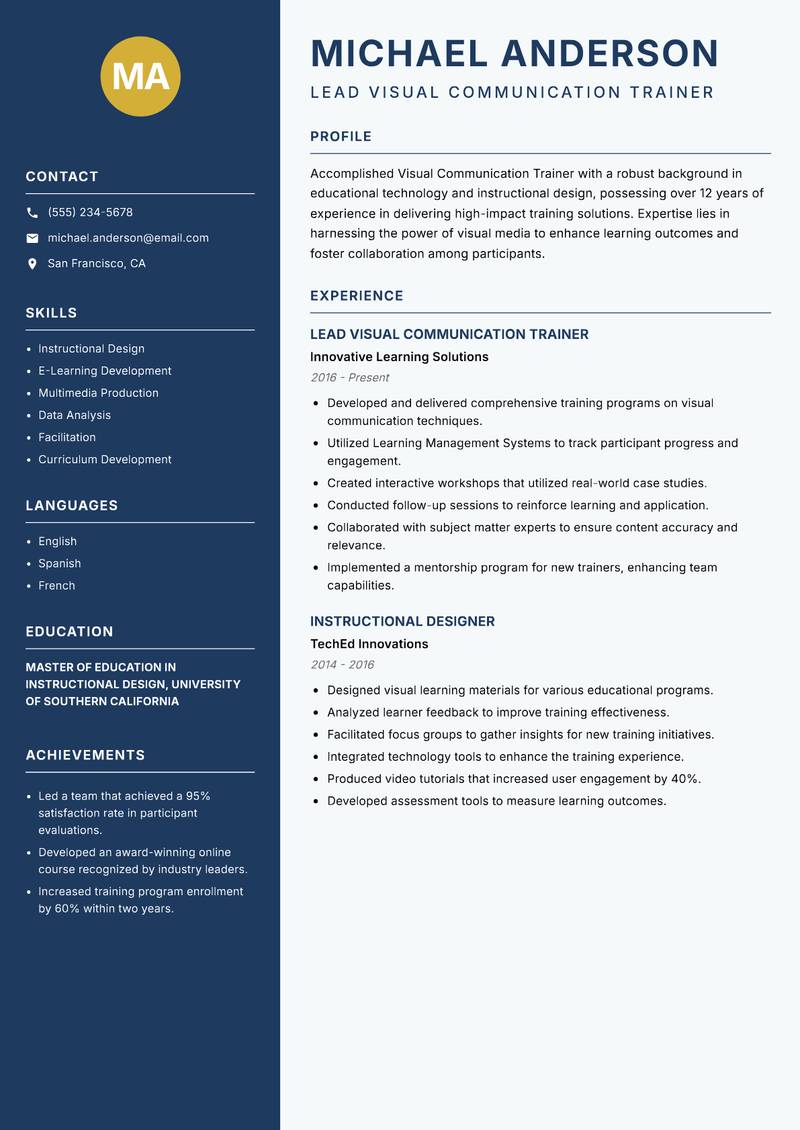 Visual Communication Trainer Resume Preview Example