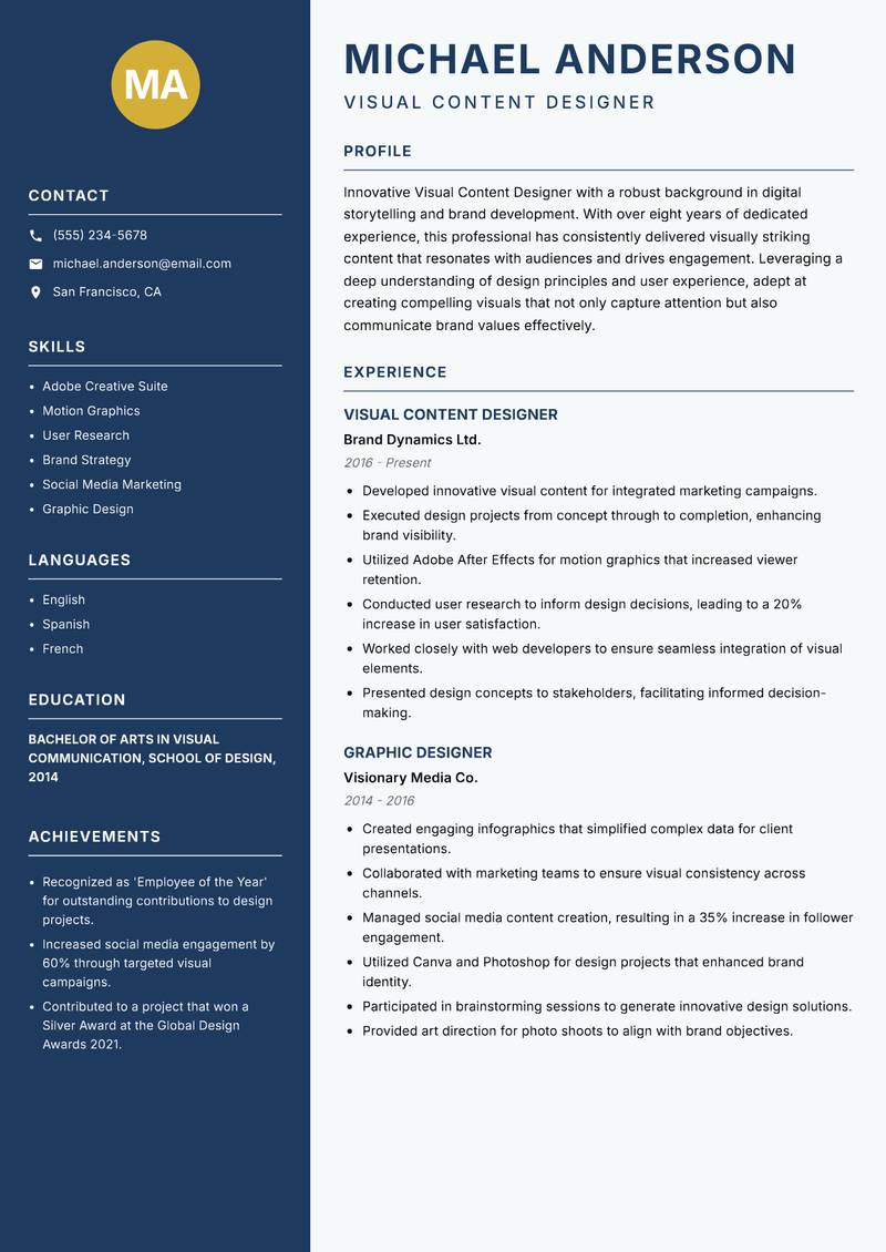 Visual Content Designer Resume Preview Example