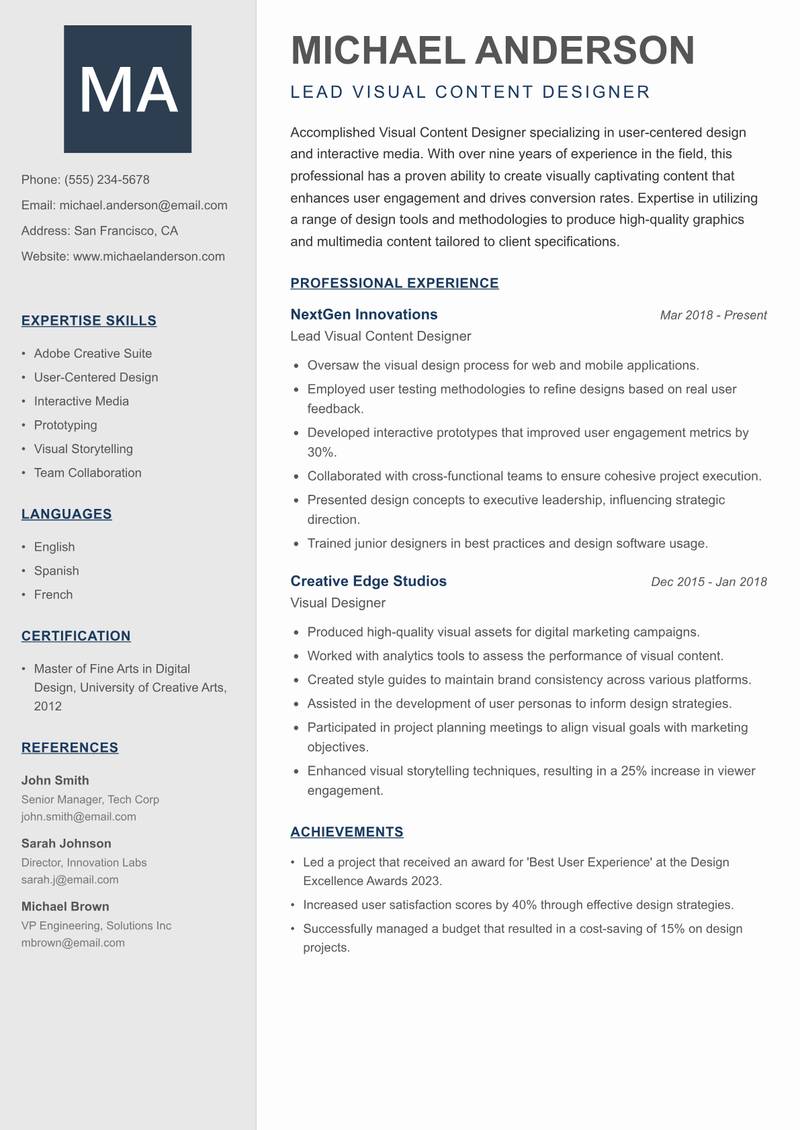 Visual Content Designer Resume Preview Example