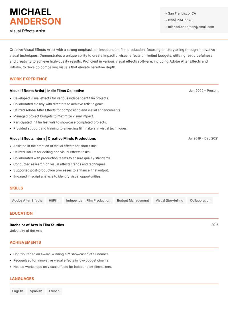 Visual Effects Artist Resume Template