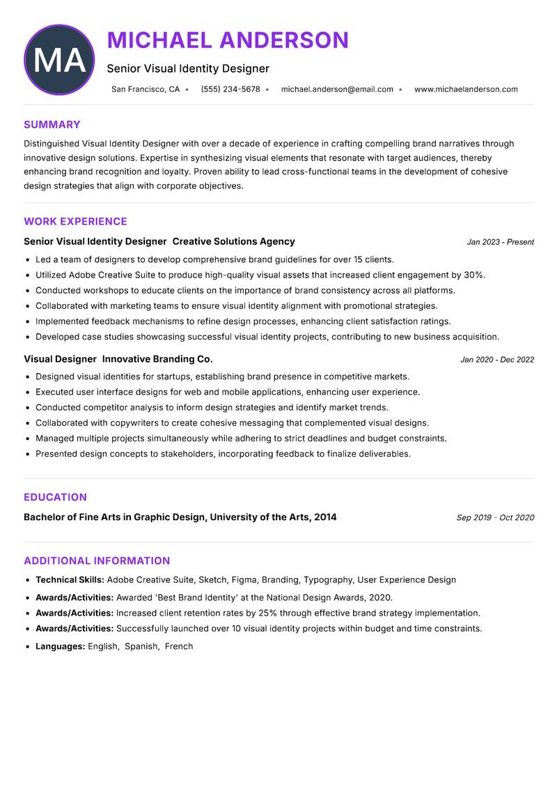 Visual Identity Designer Resume Preview Example