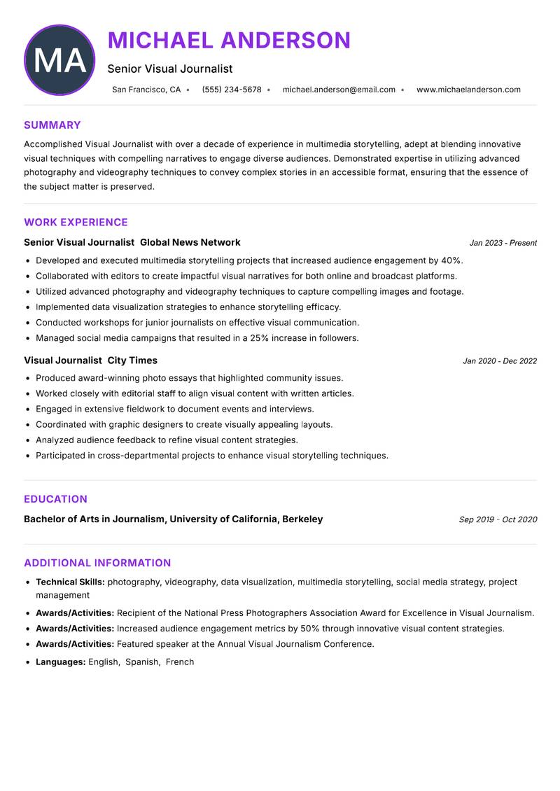 Visual Journalist Resume Preview Example