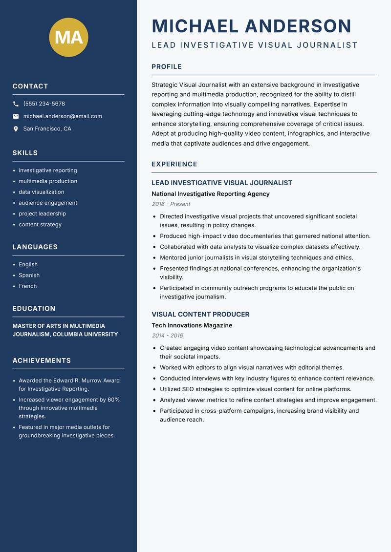 Visual Journalist Resume Preview Example