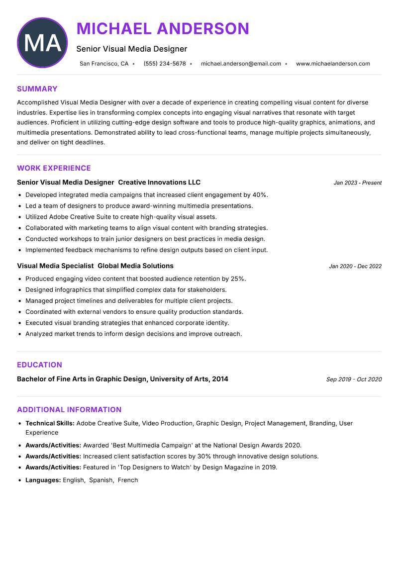 Visual Media Designer Resume Preview Example