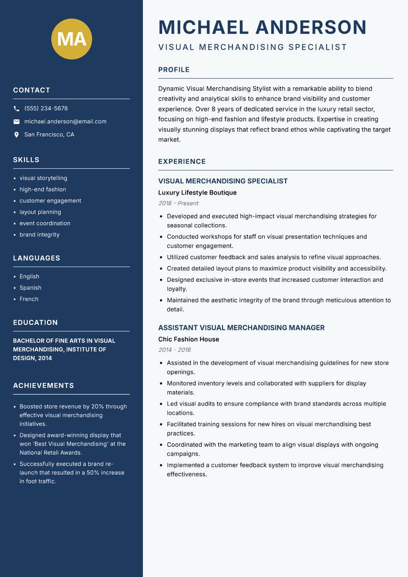 Visual Merchandising Stylist Resume Preview Example