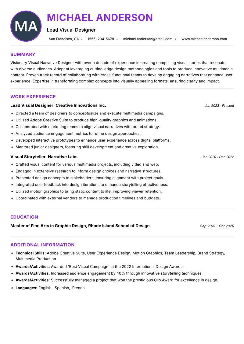 Visual Narrative Designer Resume Preview Example
