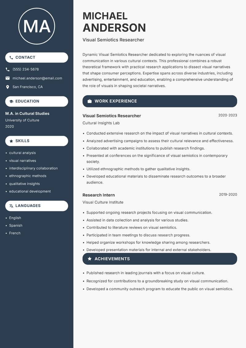Visual Semiotics Researcher Resume Preview Example