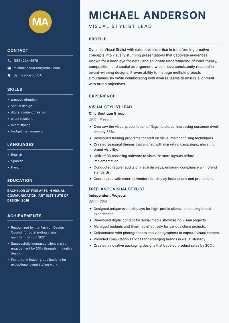 Visual Stylist Resume Preview Example