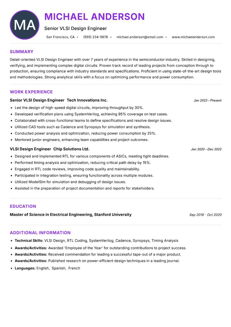 VLSI Design Engineer Resume Preview Example