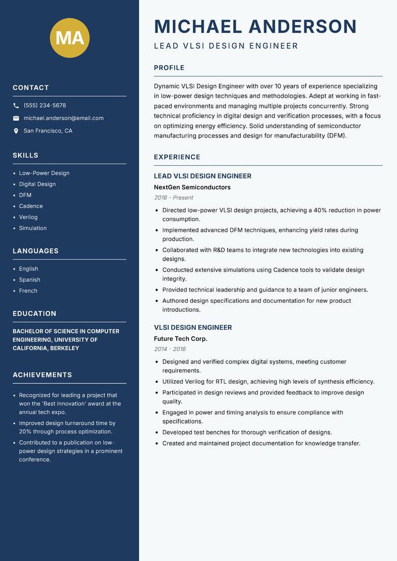 VLSI Design Engineer Resume Preview Example