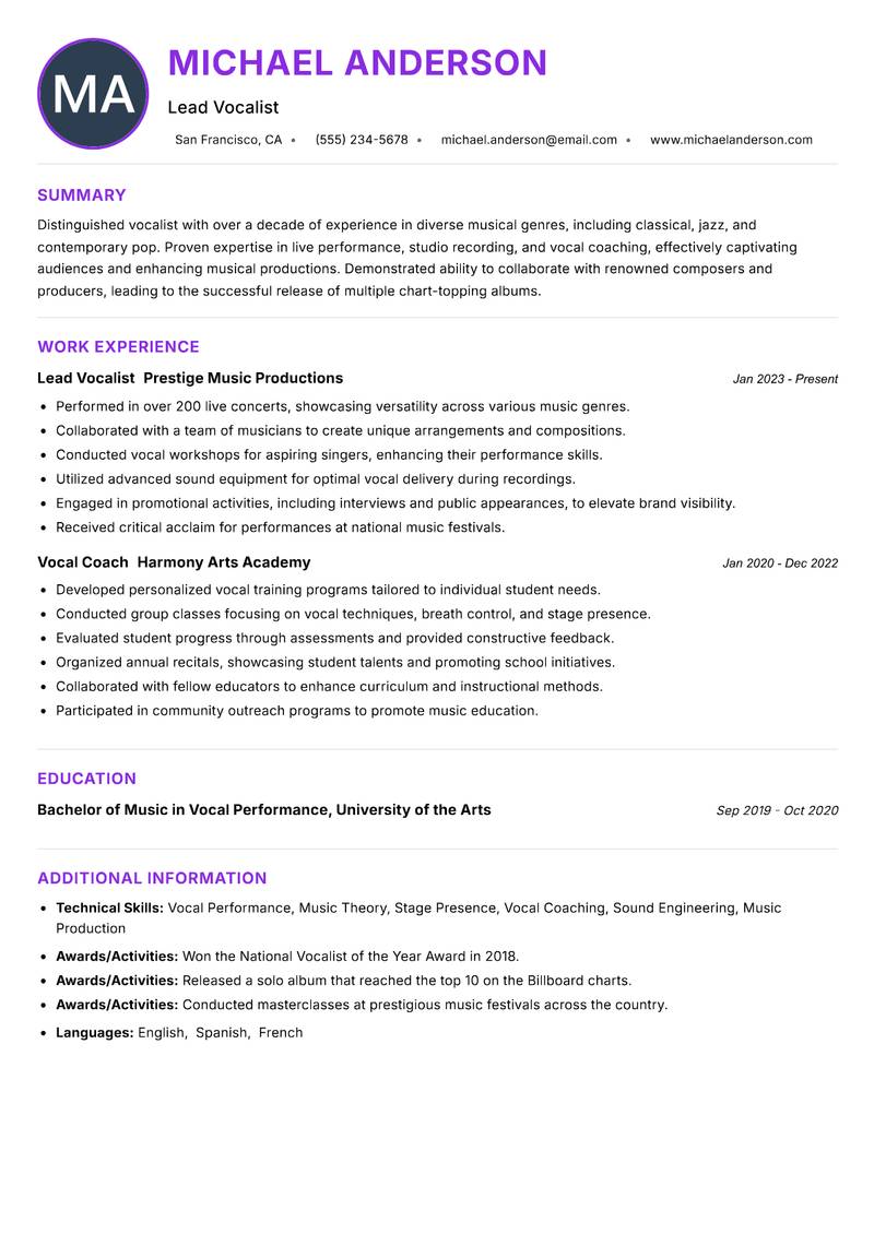 Vocalist Resume Preview Example