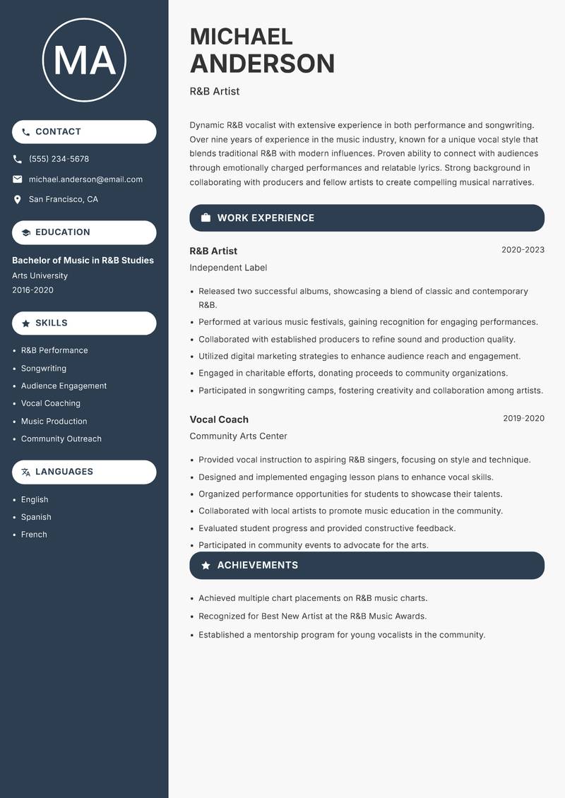 Vocalist Resume Preview Example