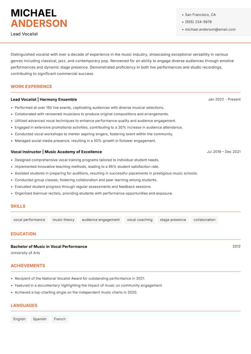 Vocalist Resume Template