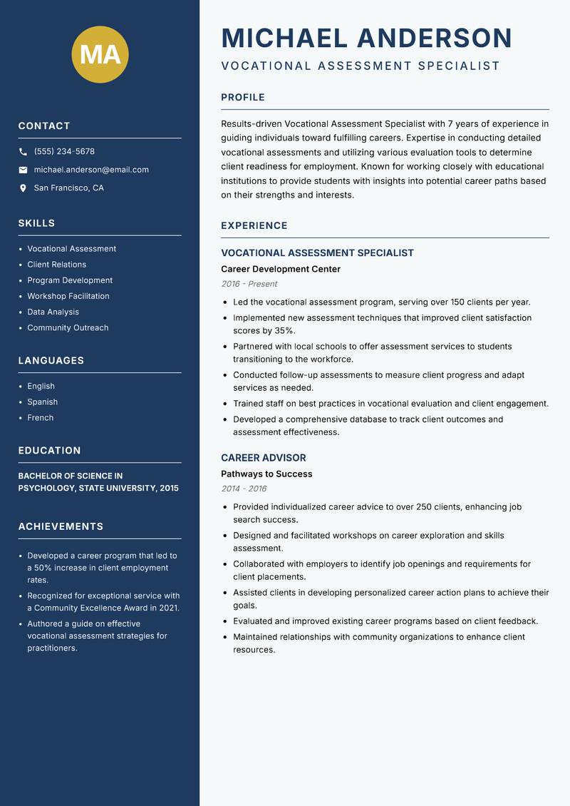 Vocational Assessment Specialist Resume Preview Example