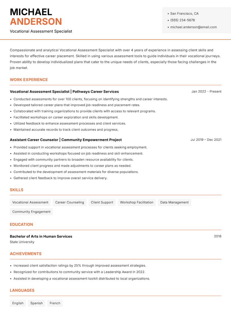 Vocational Assessment Specialist Resume Template