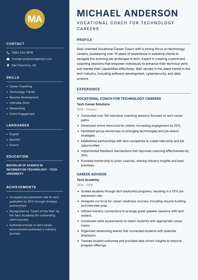 Vocational Career Coach Resume Preview Example