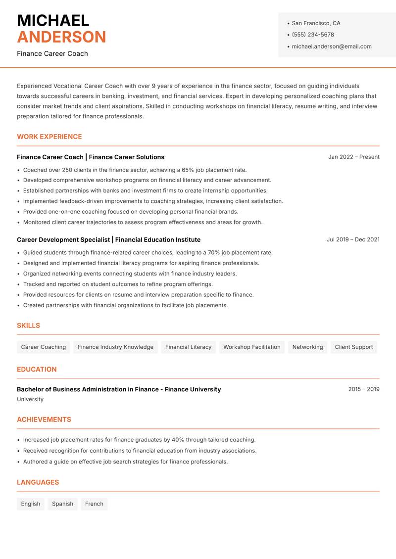 Vocational Career Coach Resume Template