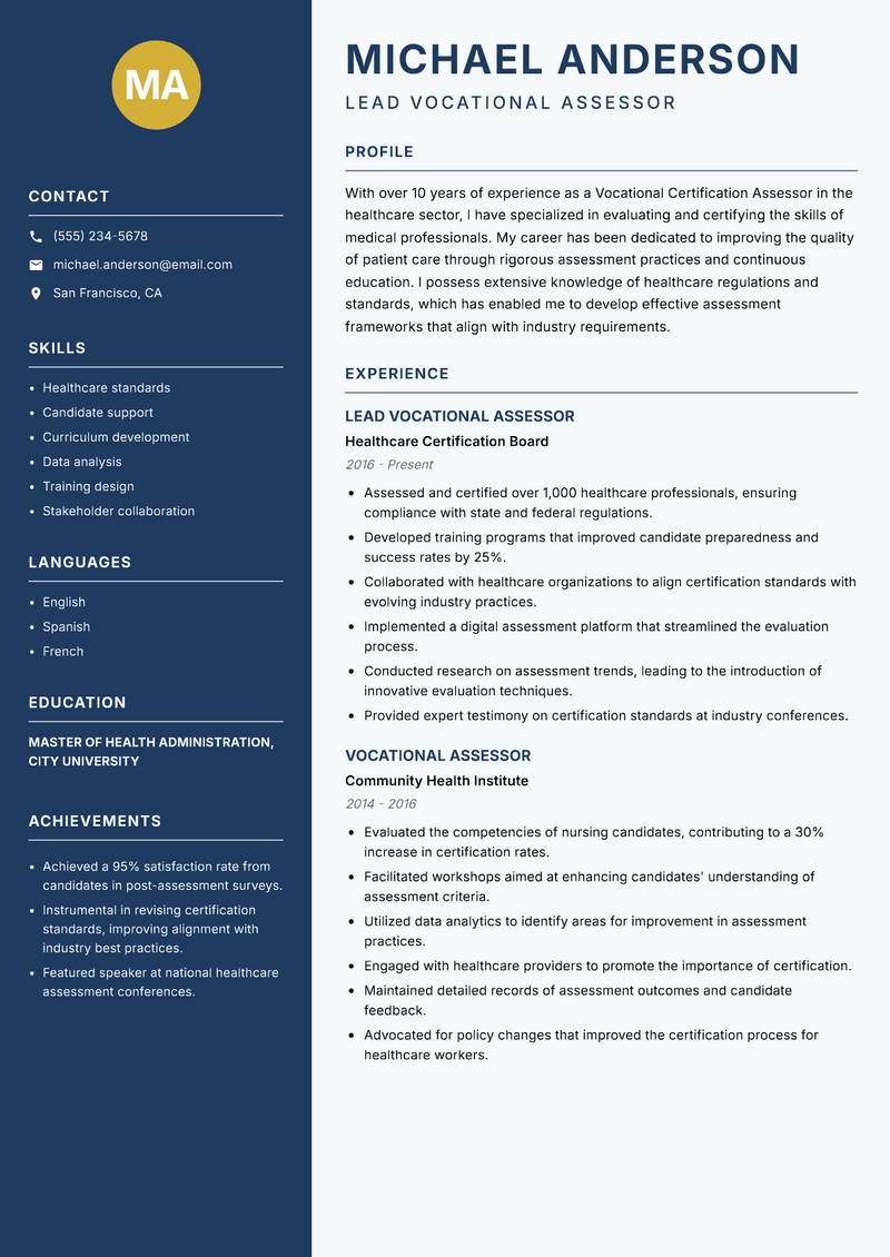 Vocational Certification Assessor Resume Preview Example