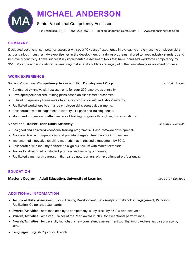Vocational Competency Assessor Resume Preview Example