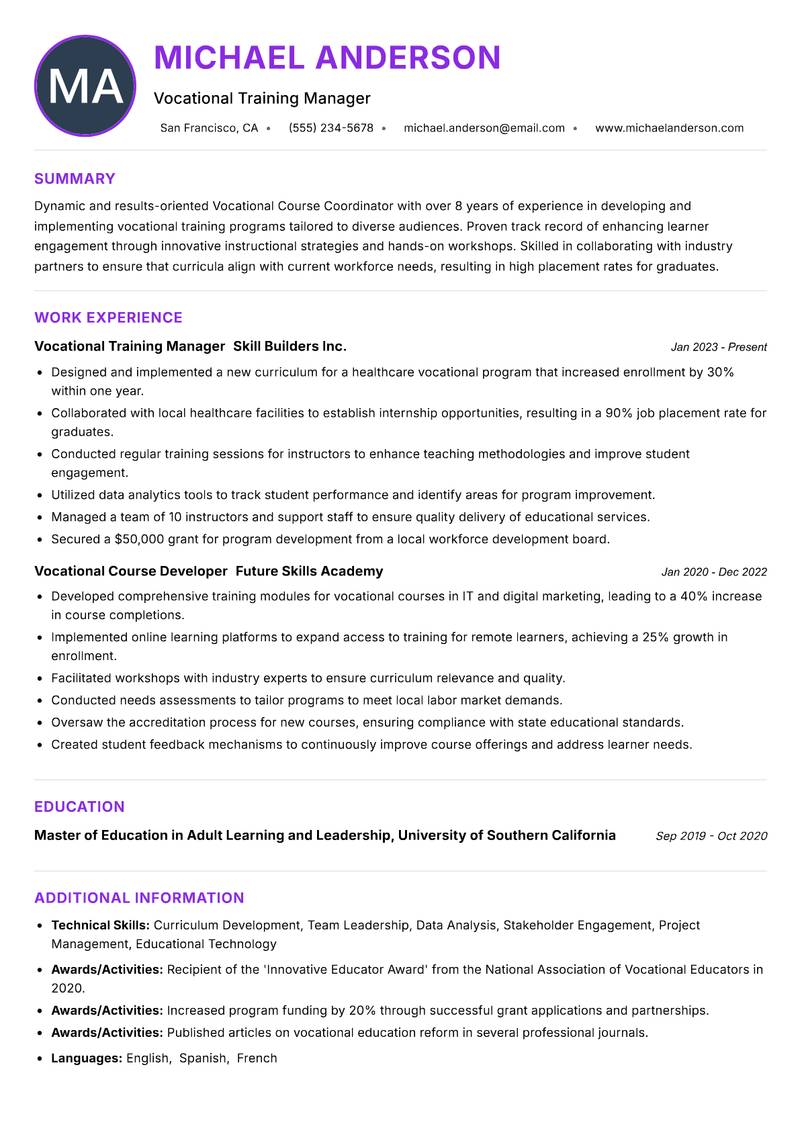 Vocational Course Coordinator Resume Preview Example