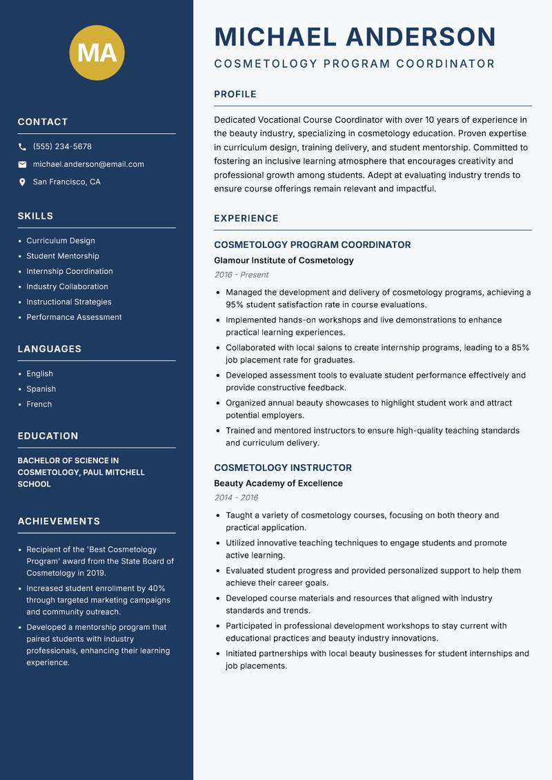 Vocational Course Coordinator Resume Preview Example
