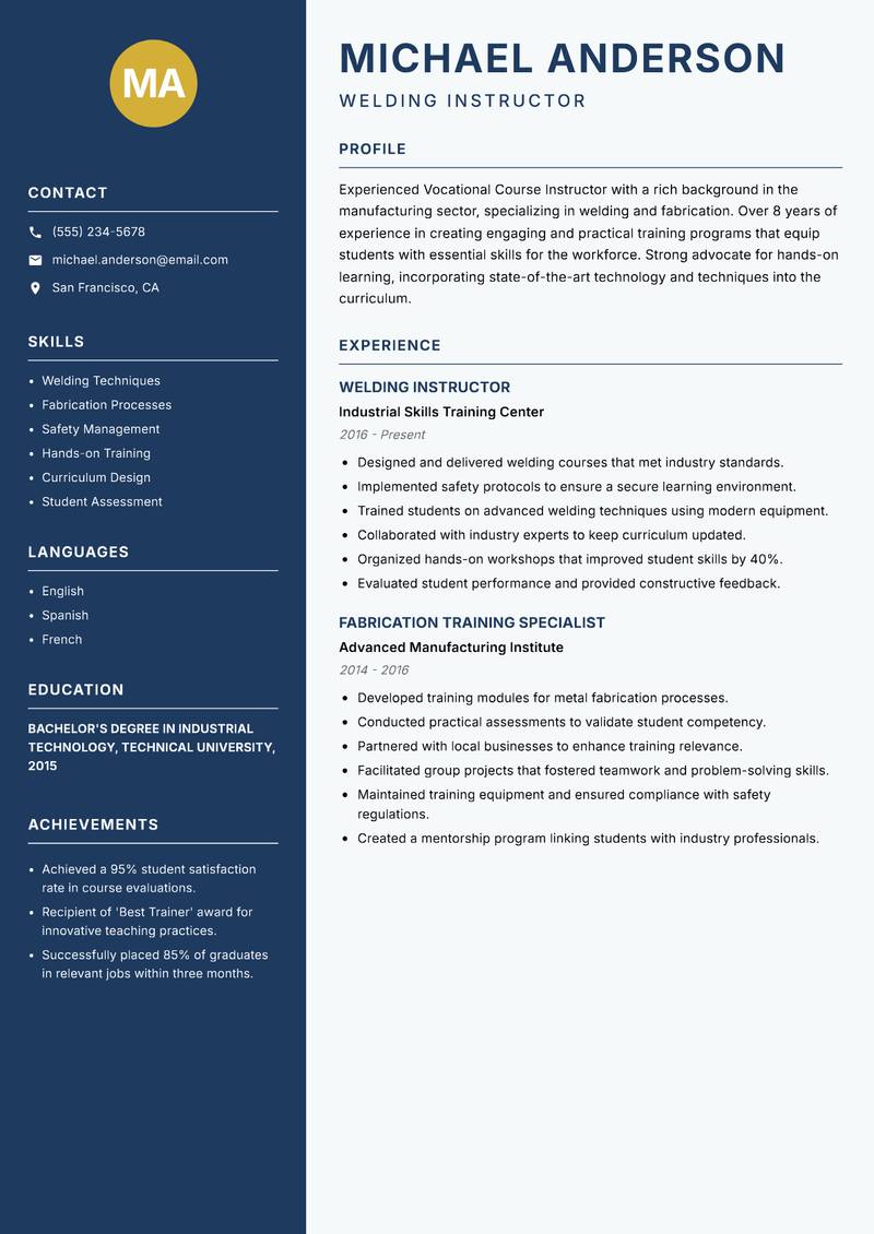 Vocational Course Instructor Resume Preview Example