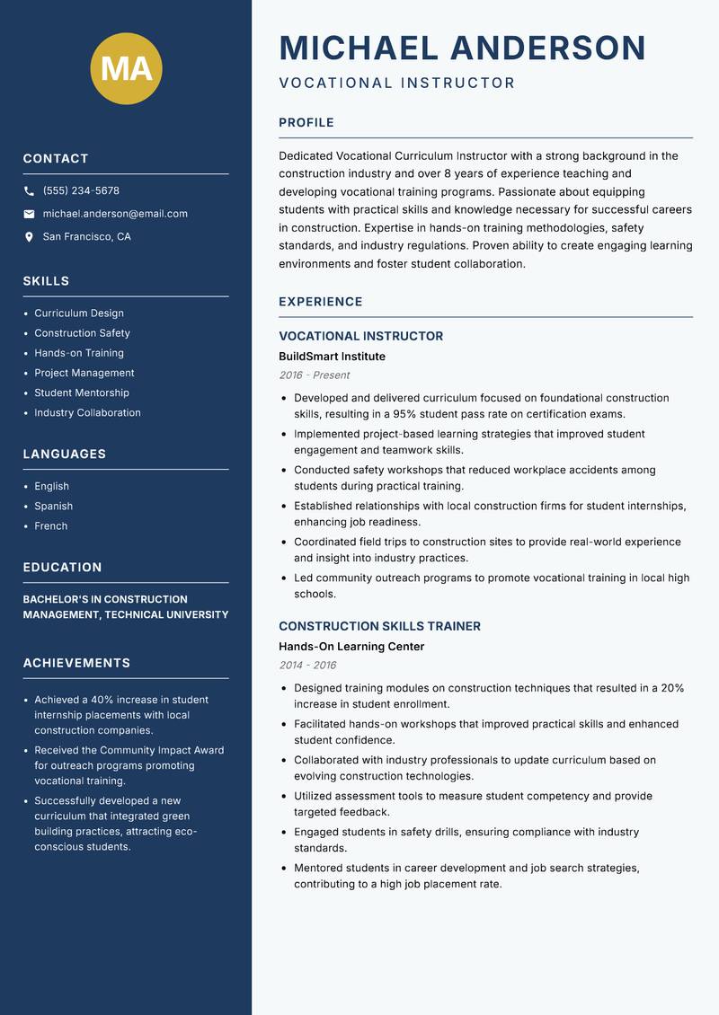 Vocational Curriculum Instructor Resume Preview Example