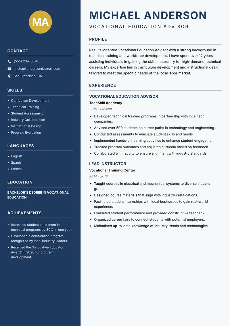 Vocational Education Advisor Resume Preview Example