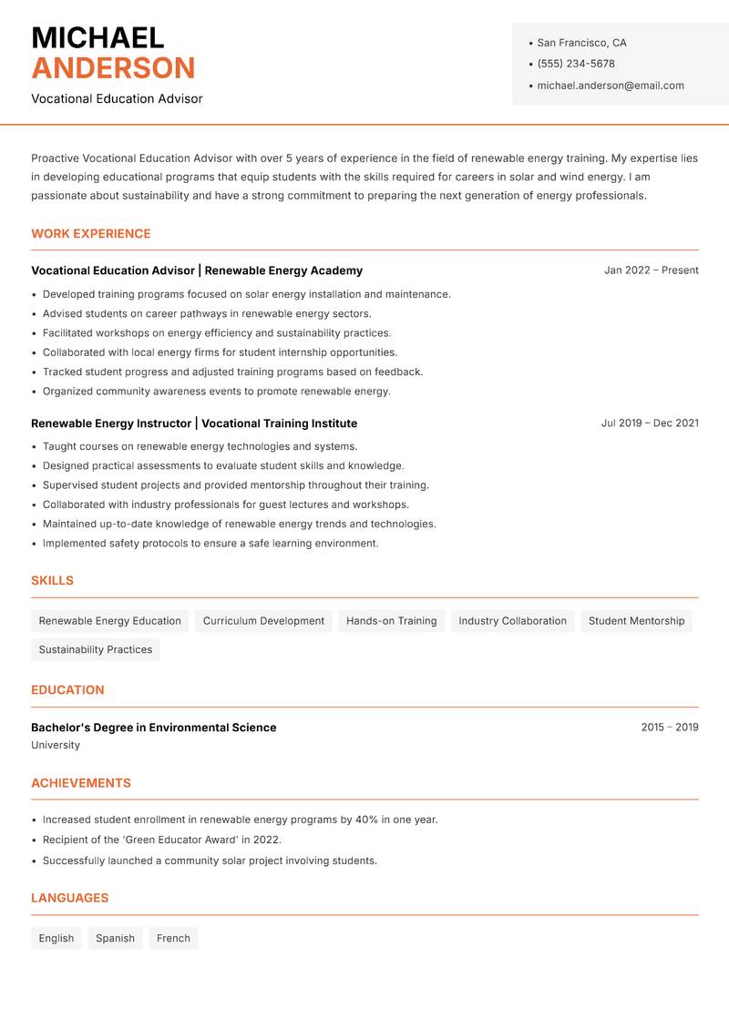 Vocational Education Advisor Resume Template