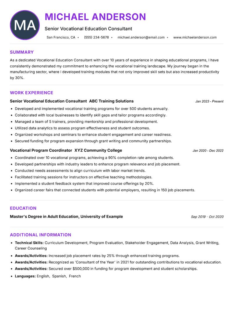 Vocational Education Consultant Resume Preview Example