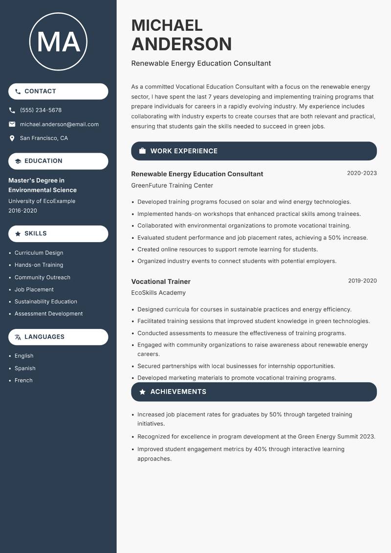 Vocational Education Consultant Resume Preview Example