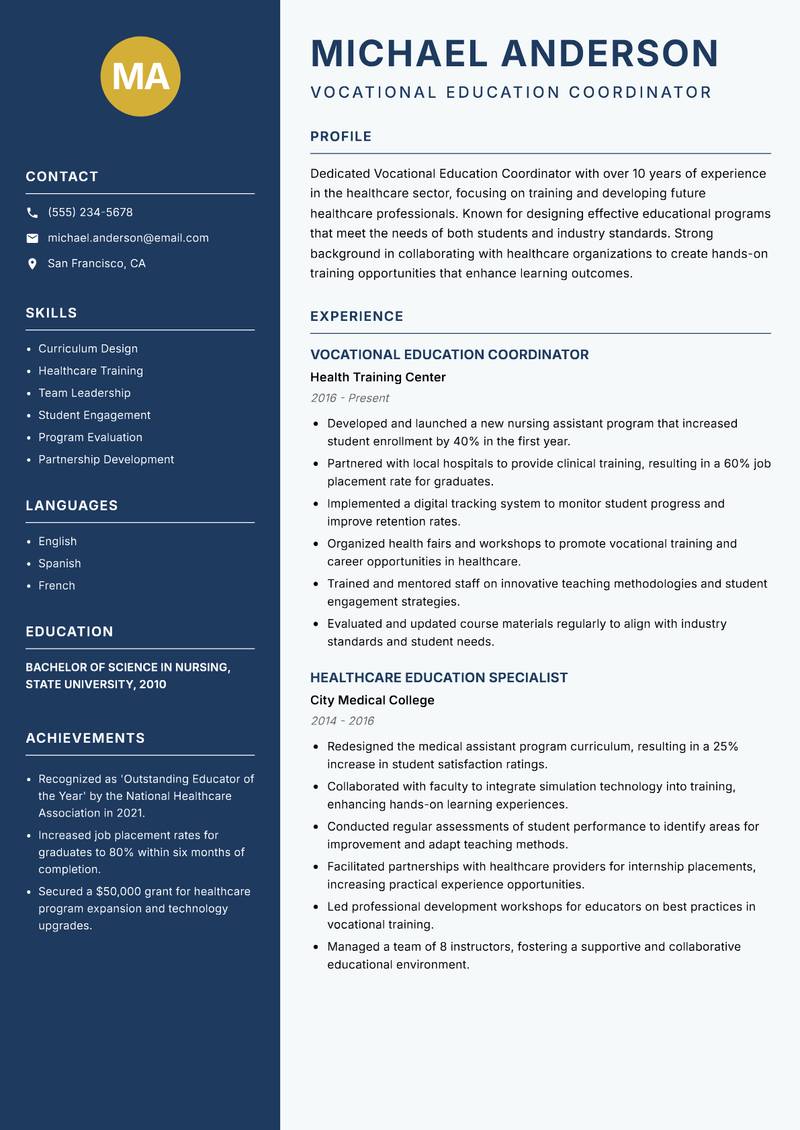 Vocational Education Coordinator Resume Preview Example