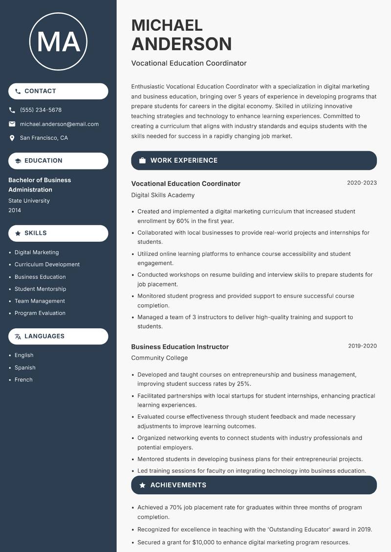 Vocational Education Coordinator Resume Preview Example