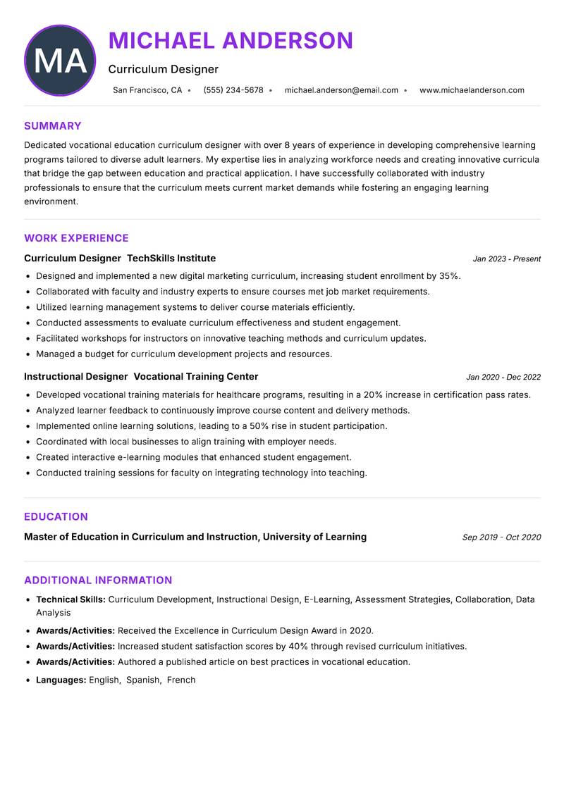 Vocational Education Curriculum Designer Resume Preview Example